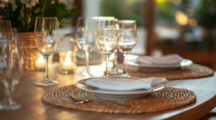 Elegant dinner table set with sparkling glassware and soft candlelight, creating a warm atmosphere for a memorable evening gathering