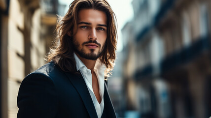 Portrait of sexy handsome fashion male model dressed in elegant suit posing outdoor. Long haired Metrosexual. Attractive man posing for a fashion shoot.