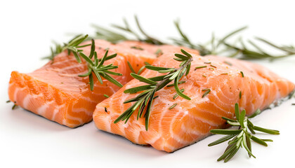 Fresh Salmon fish fillet isolated on white background, Salmon fish fillet with rosemary on black plate over white With clipping path