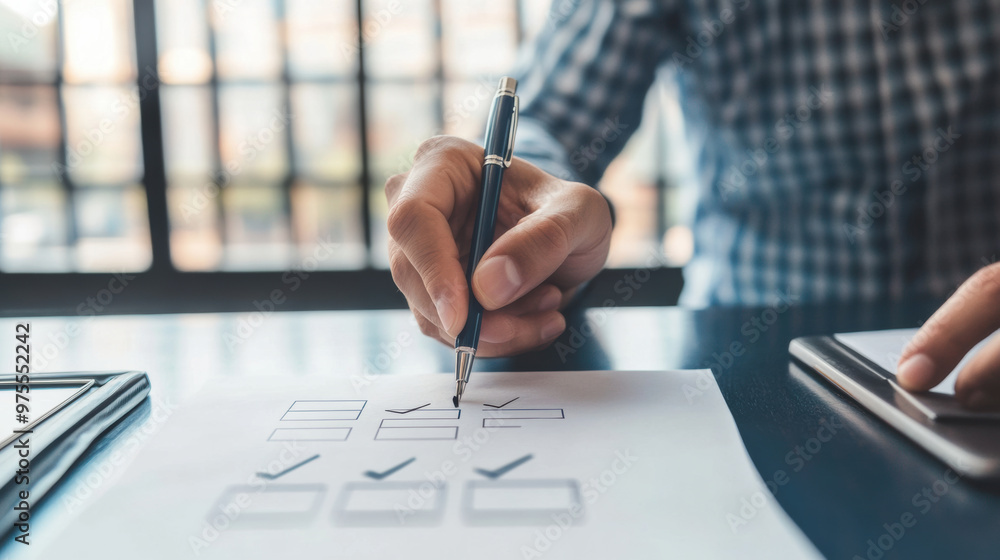 Poster a person is placing checkmark in box next to checklist, demonstrating organization and productivity.
