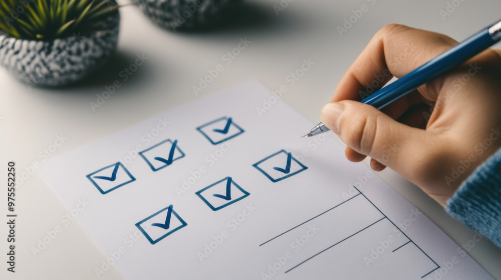 Poster a person is placing checkmark in box on checklist, demonstrating organization and productivity. scen