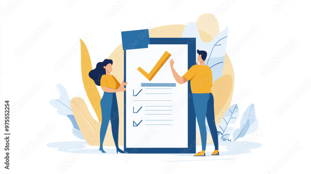 Poster creating description and keywords for imagea man and woman are placing checkmarks on large checklist