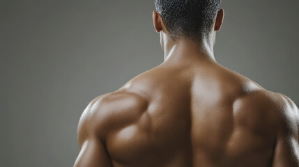 A muscular back of a person is shown, highlighting well-defined muscles and a toned physique, with a neutral background.