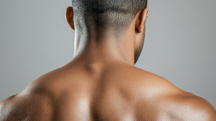 A muscular man?s back and shoulders, showcasing defined and toned muscles with a close-cropped hairstyle, set against a neutral background.