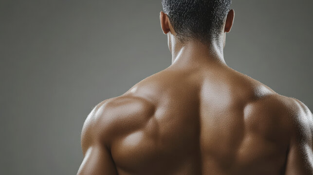 A muscular back of a person is shown, highlighting well-defined muscles and a toned physique, with a neutral background.