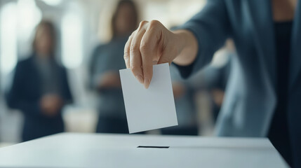 A person casting their vote by placing a ballot into a voting box, representing participation in the democratic election process.