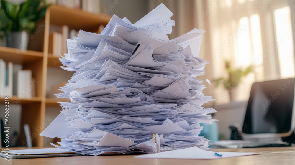 Aufkleber a towering stack of papers and documents dominates a cluttered office desk, suggesting an overwhelmi