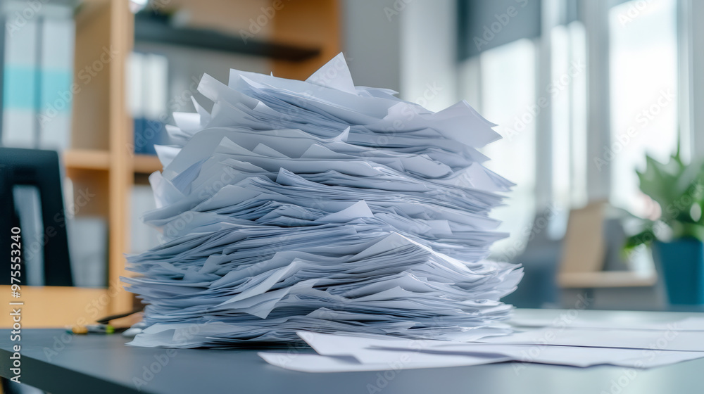 Poster a large stack of papers sits on a desk in an office, indicating a busy and disorganized workspace.