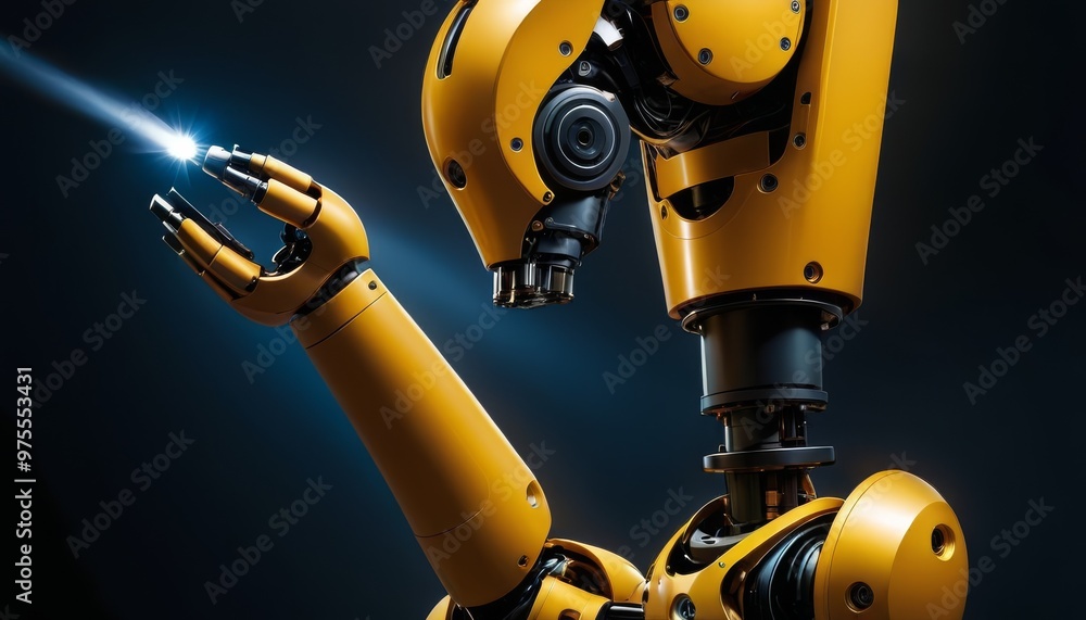 Poster a close-up view of a yellow industrial robot arm performing delicate tasks with precision. the image