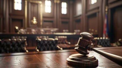 A wooden gavel sits on a wooden table in a courtroom