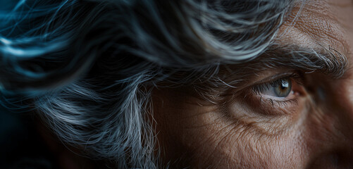 Closeup mature man eye silver gray hair texture wrinkles detail dramatic lighting banner background concept moody aged man stare dramatic advert metal health wellness