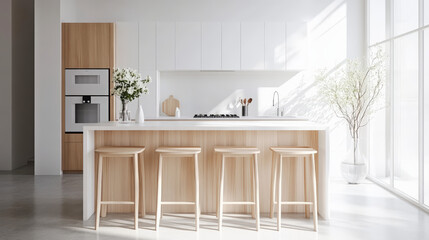 A minimalist kitchen features white cabinets, a modern oven, a central island with light wooden stools, and large windows letting in abundant natural light.