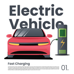 electric car design poster front view charging. flat design illustration.