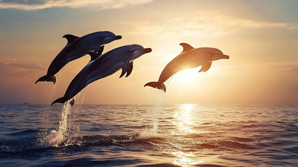 Naklejka premium A playful group of dolphins jumping out of the ocean against a backdrop of the setting sun 