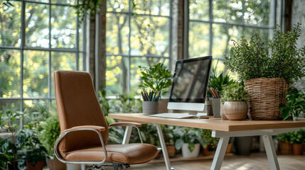 Fototapeta premium A serene home office with a modern desk and chair, surrounded by lush indoor plants and large windows letting in natural light.