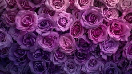 High angle view of purple roses in full bloom, scattered across the ground.