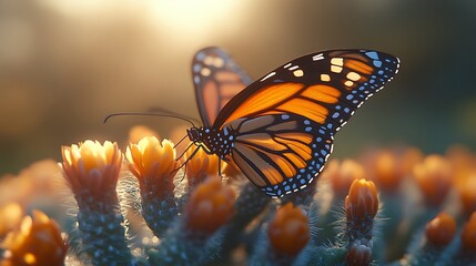 A monarch butterfly with orange and black wings rests on a yellow flower against a warm, sunlit background.