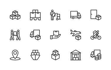 Cargo delivery vector linear icons set. Isolated icon collection such as delivery, cargo, box, pallet, truck and more.