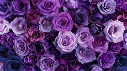 High angle view of purple roses in full bloom, scattered across the ground.