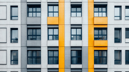 Fototapeta premium A modern building facade featuring symmetrical gray panels with contrasting bright yellow vertical accents and numerous windows, creating a sleek and contemporary architectural design.