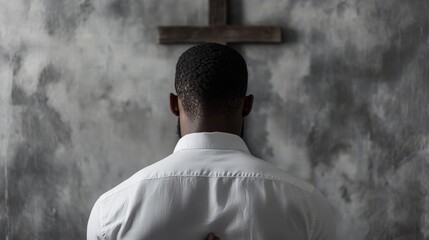 Contemplative moment of prayer in solitude under a wooden cross