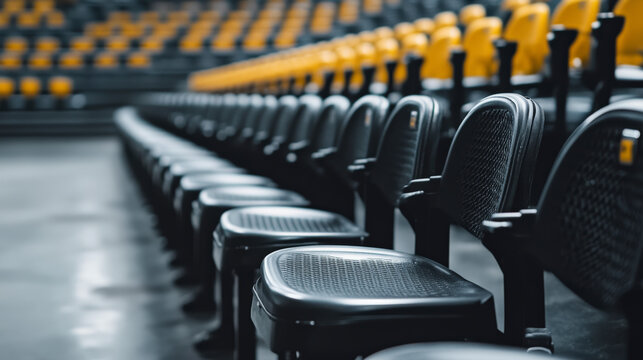 Rows of empty black and yellow seats in an auditorium or a stadium, ready to accommodate spectators for an upcoming event.
