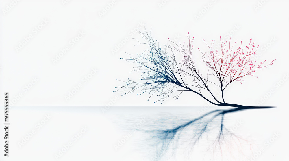 Poster minimalist artwork featuring two delicate, abstract trees with blue and pink branches reflecting on 