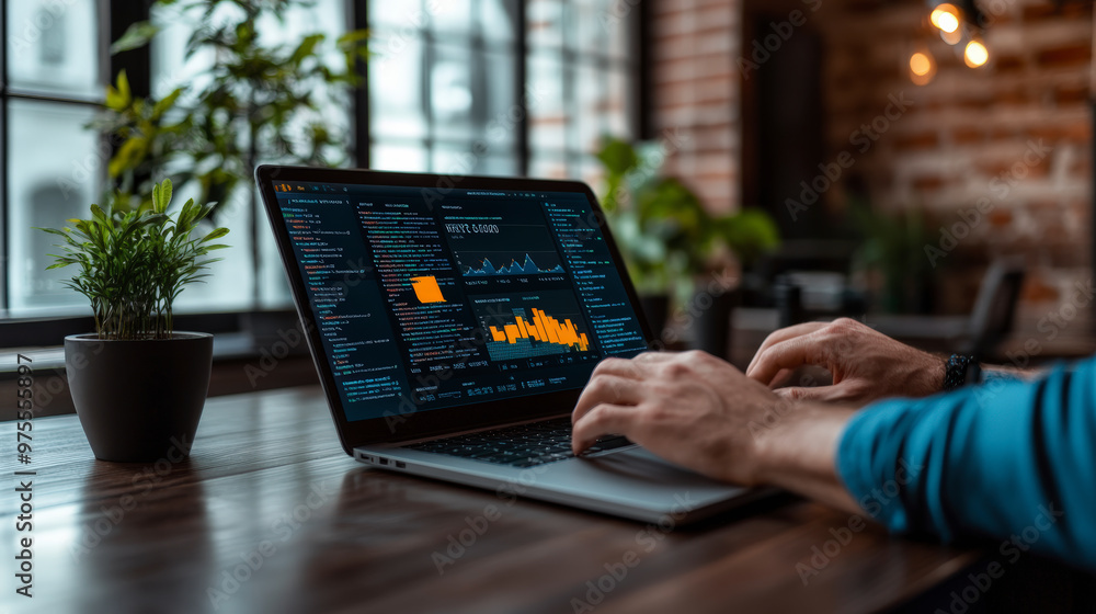 Poster a person analyzes data on a laptop displaying charts and graphs in a modern, well-lit workspace with