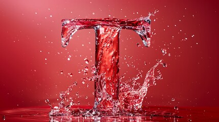 Uppercase letter T made by water isolated on red background