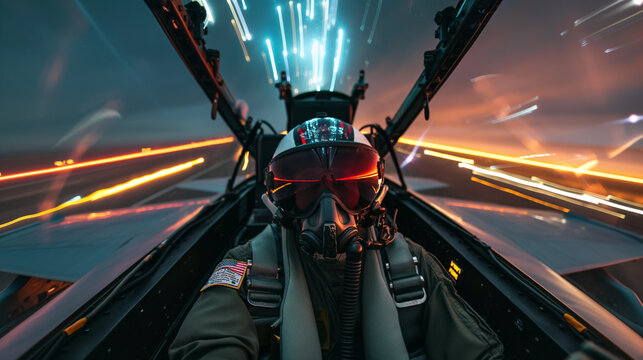 Pilot navigating through a high-speed tunnel of light from a cockpit view. - Powered by Adobe