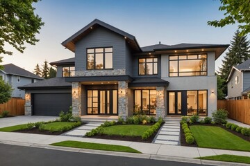 Sunny modern luxury home showcase exterior and yard