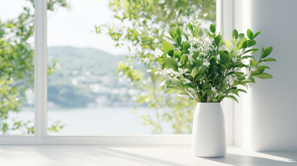 Fototapeta premium A serene vase of white flowers and green leaves sits by a window, overlooking a tranquil outdoor scene with lush greenery and water.