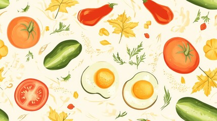 Seamless pattern featuring autumn vegetables including tomatoes and cucumbers along with scrambled eggs suitable for wrapping paper fabrics linens children s clothing kitchen textiles and fashion