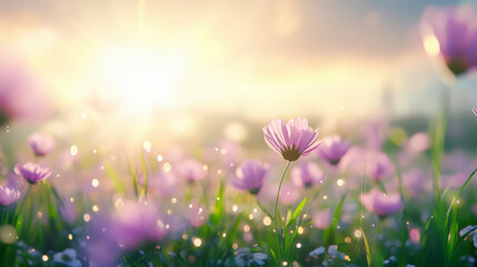 A serene field of purple flowers glows under the golden light of a sunrise, with dewdrops sparkling like tiny jewels.