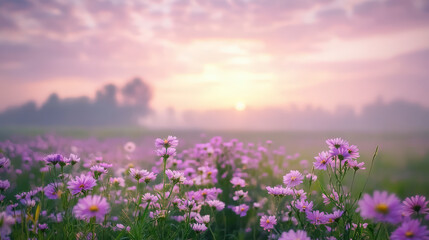 A serene meadow filled with blooming purple daisies, bathed in soft sunlight under a pastel-colored sky at dawn.