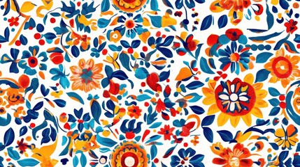 Naklejka premium Portuguese Tile Design Colorful Moroccan Patterns Vibrant Tile Motif Mosaic Floral Design White Ethnic Orient Bright Wall Fabric Cultural Brushwork