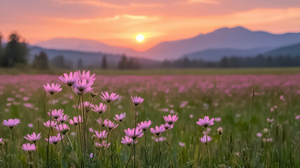 Fototapeta premium Pink wildflowers in a lush meadow at sunset, with the sun setting behind distant mountains and casting a warm glow over the landscape.