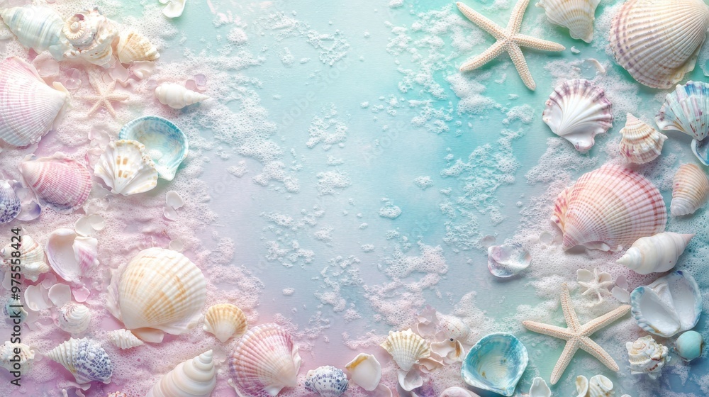 Poster a colorful background with a variety of shells and starfish. the shells are scattered across the bac