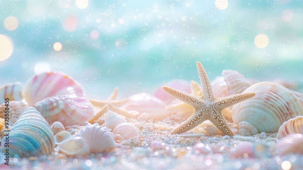 Poster a beach scene with a starfish and many shells. the shells are scattered around the starfish, creatin