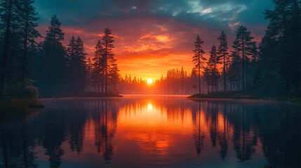 Fototapeta premium Sunset reflection over tranquil lake surrounded by evergreen trees in mountainous landscape at dusk