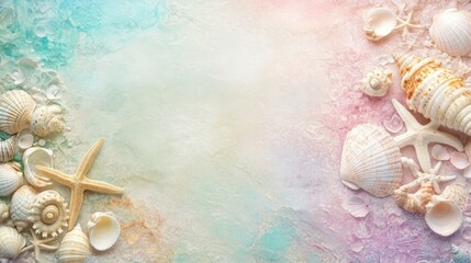Obraz premium A colorful background with shells and a starfish. The background is a mix of pink, blue, and green