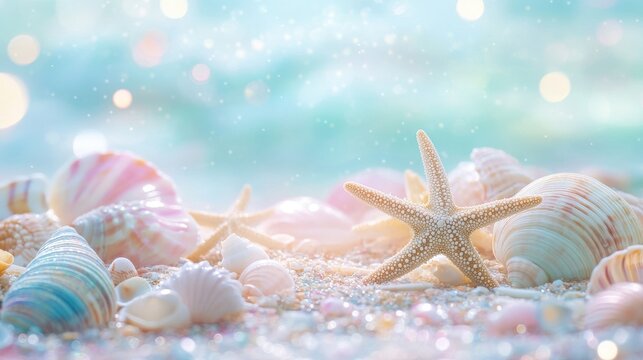 A beach scene with a starfish and many shells. The shells are scattered around the starfish, creating a colorful and peaceful atmosphere