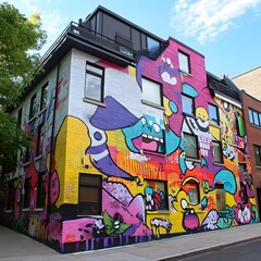 A vibrant street mural covering an entire building, filled with bold, graffiti-style characters and abstract shapes, bursting with color and energy.