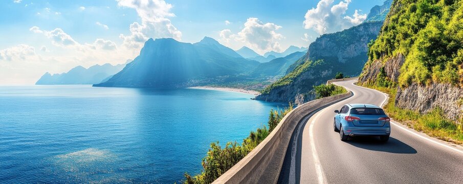 A blue car is driving down a road next to a body of water. The scene is serene and peaceful, with the car and the water creating a sense of calmness