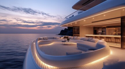 A large yacht with a white deck and a beautiful view of the ocean. The deck is lit up with lights, creating a warm and inviting atmosphere. The yacht is docked at a marina, and the water is calm