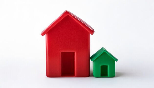 Close up image of red and green plastic monopoly hotel and house