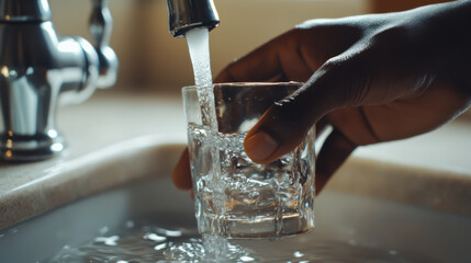 Pouring fresh water from a kitchen faucet into a glass during evening hours with a cozy atmosphere in a home setting