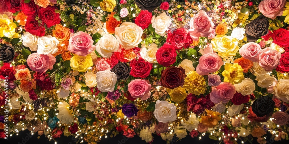 Poster a colorful bouquet of flowers with many different colors and sizes. the flowers are arranged in a wa