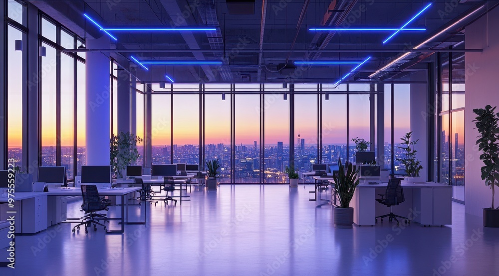 Poster a large open office space with a view of the city skyline. the room is illuminated with blue lights,