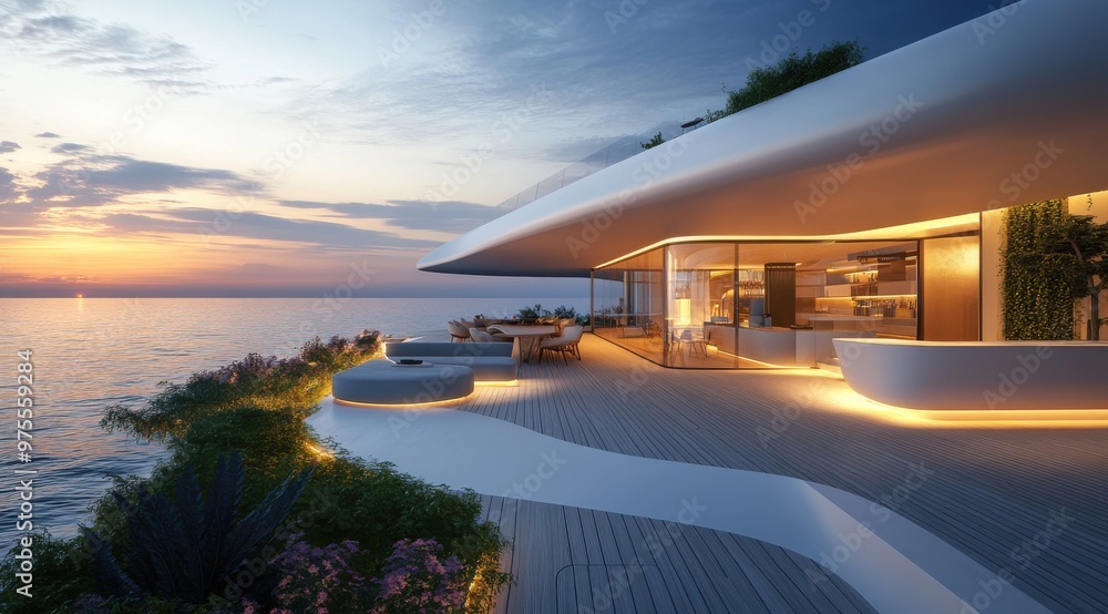 Poster a large house with a balcony overlooking the ocean. the house is lit up at night, creating a warm an